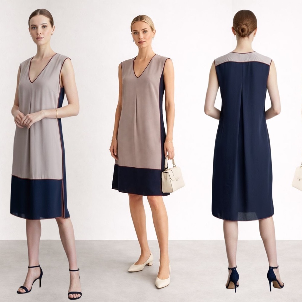 BCBGMaxAzria Runway Beige Navy Shift Slip Dress Colorblock Relaxed Modern Rare S